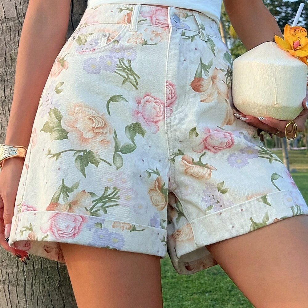 White Boho Women's High Waist Printed Casual Denim Shorts - Picture 5 of 6